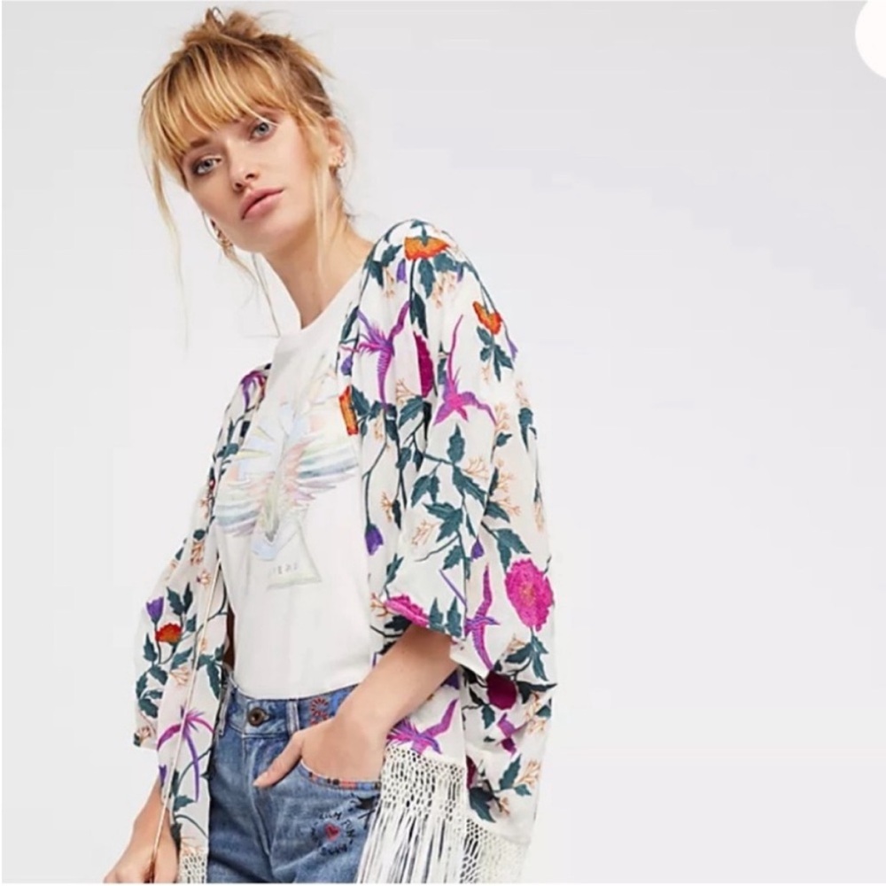 Free People Embroidered Floral Cover Up Kimono Wrap, Size XS, NWT